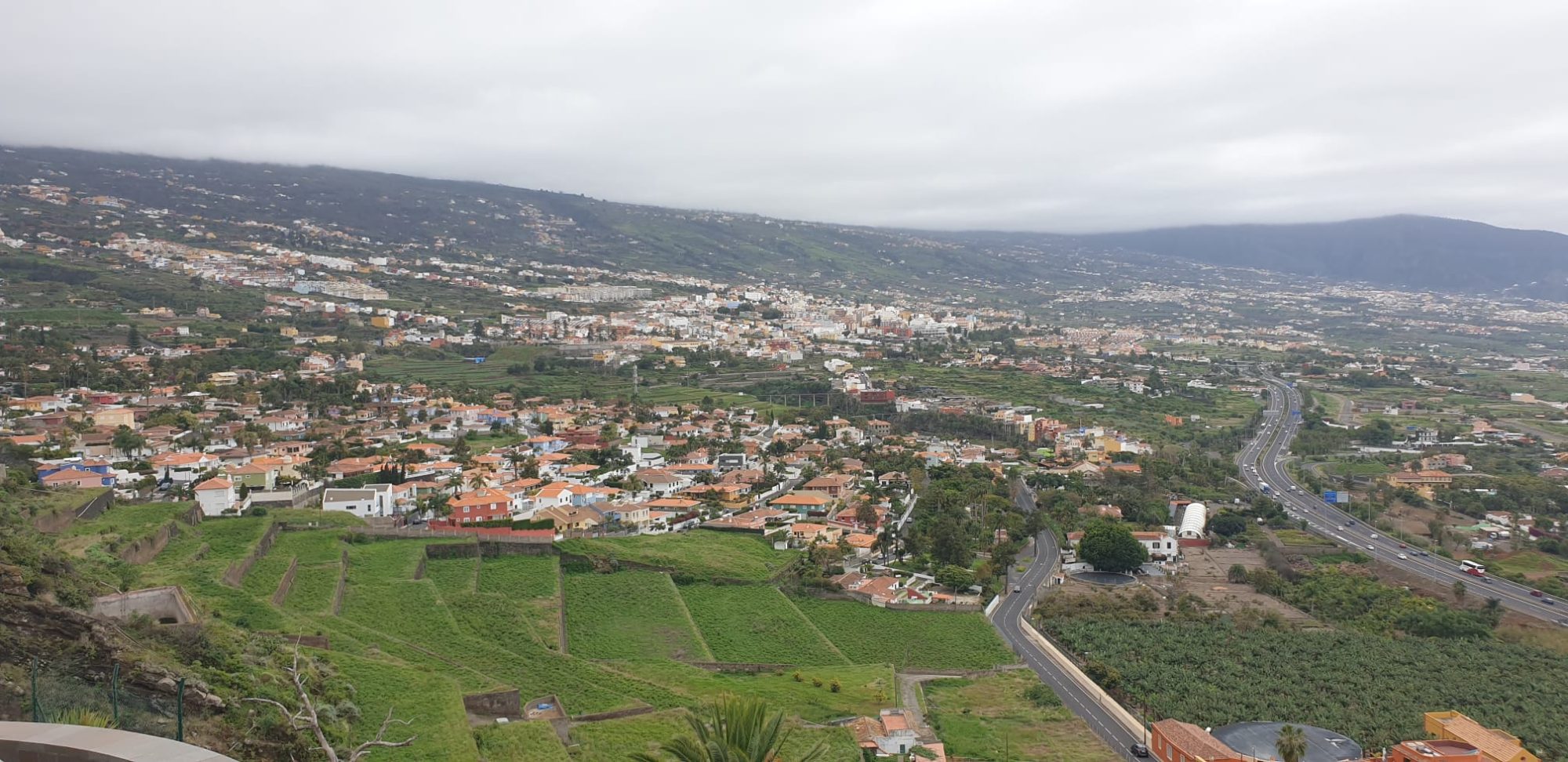 Blick über das grüne Orotava-Tal mit der Stadt La Orotava und dem Meer